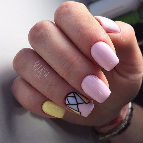 light pink nails with colorful triangles