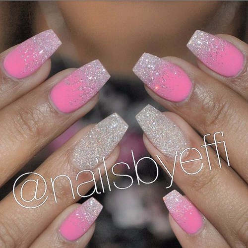 pink and white glitter nails