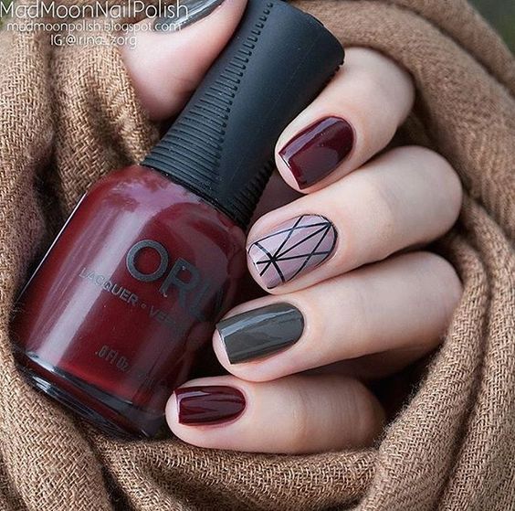 burgundy and gray fall nail design