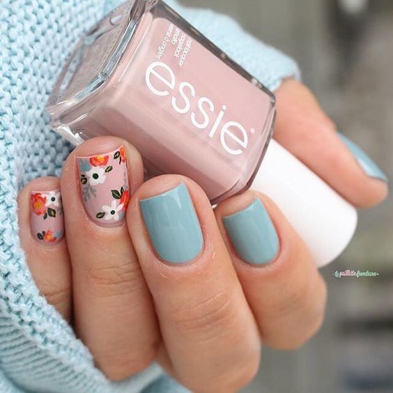 pink and blue pastel fall nails with flowers