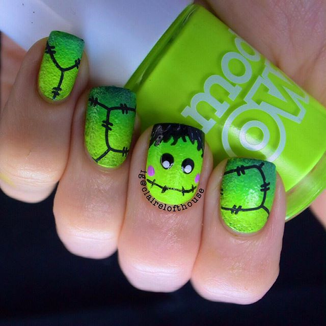 green frankenstein nail design for halloween