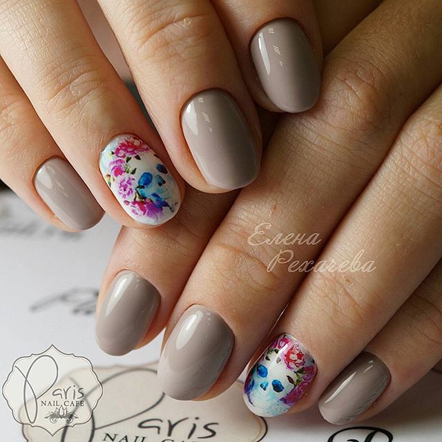 beige nude halloween nails with flower skull nail decals