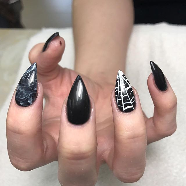 black marble Halloween spider web nail art