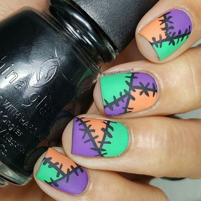 colorful zombie nail design for halloween