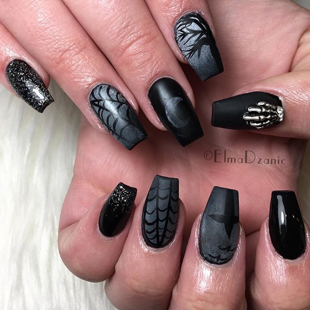 black goth Halloween nail art spider web