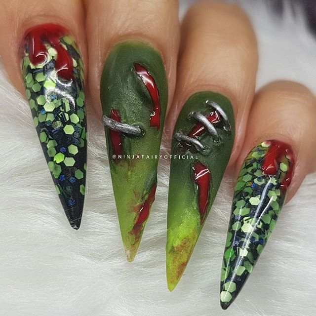 zombie halloween manicure with wounds