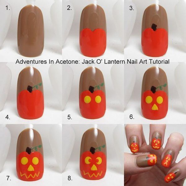 how to draw pumpkin on nails step by step